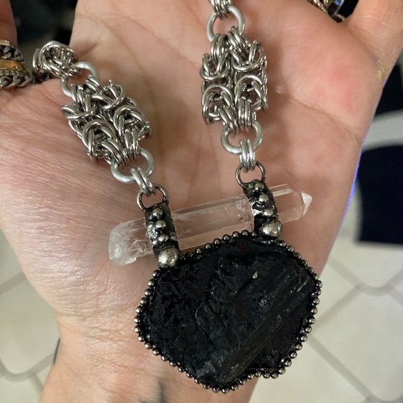Natural black tourmaline & clear crystal quartz charm boho goth maille necklace - Picture 10 of 13